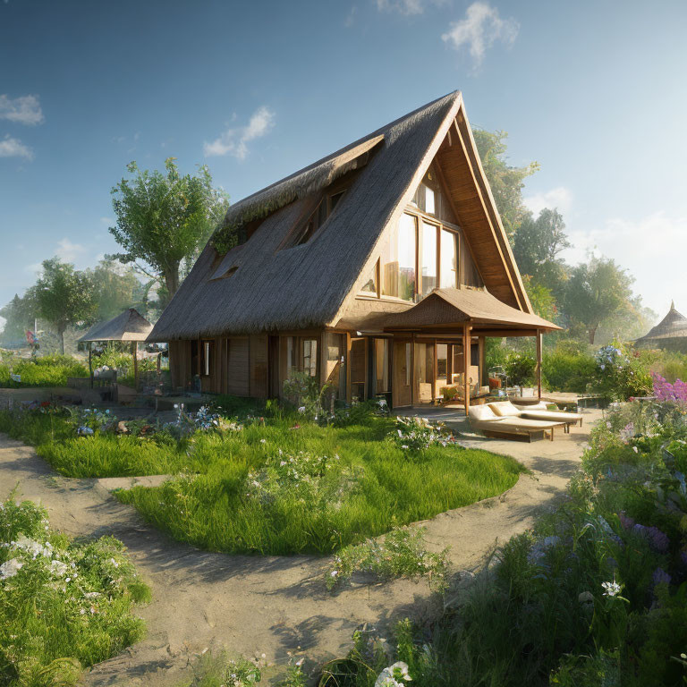 Thatched-Roof Cottage Surrounded by Gardens and Blue Sky