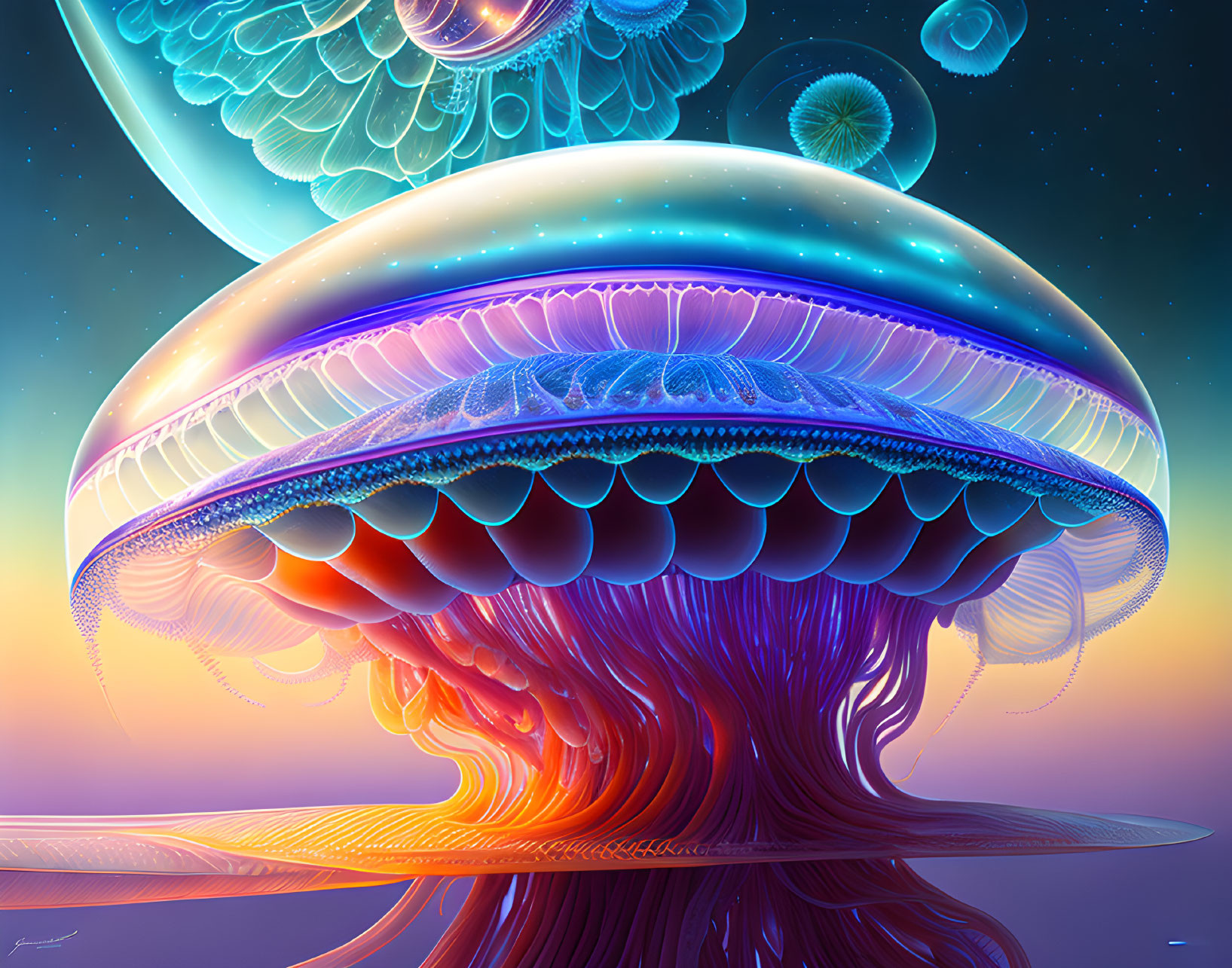 Colorful Digital Artwork: Fantastical Jellyfish Against Sunset Sky