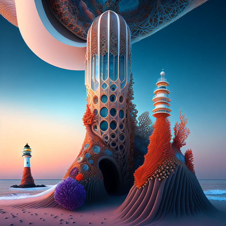 Surreal marine and architectural blend with lighthouse, coral formations, and organic towers in twilight sky