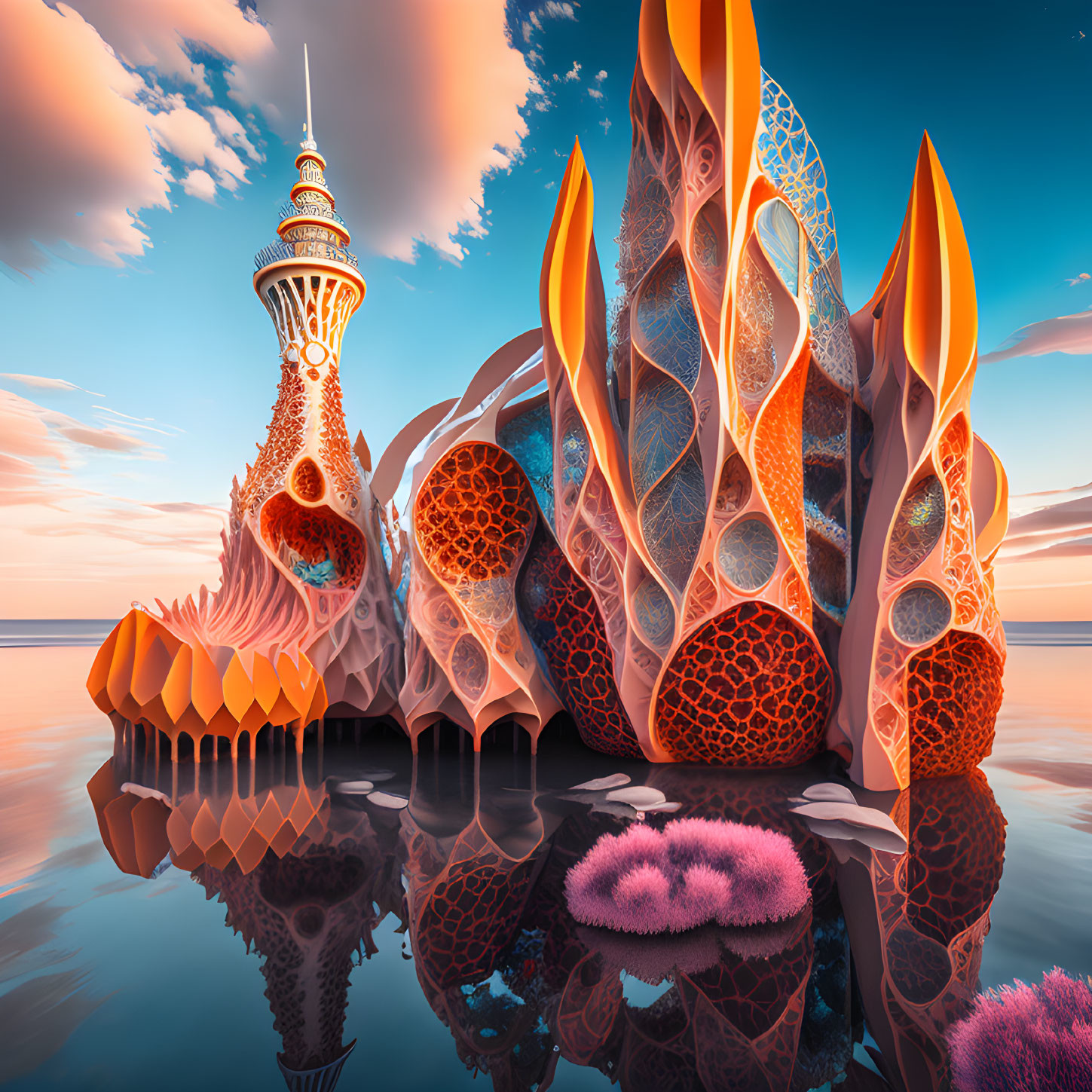 Vibrant surreal landscape with coral-like structures and tower reflecting in calm waters