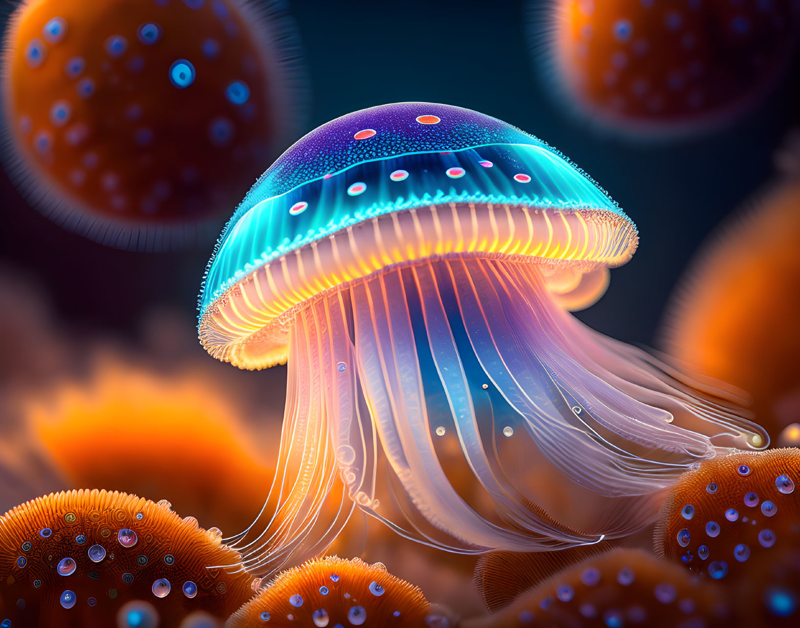 Bioluminescent jellyfish and glowing sea creatures in vibrant colors