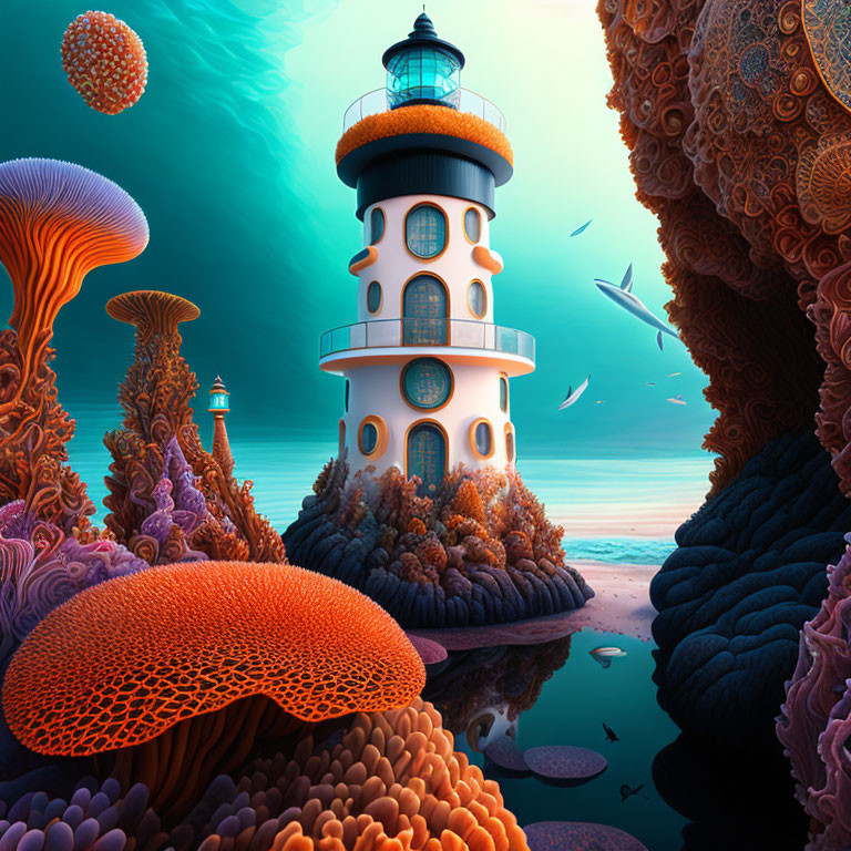 Colorful Coral Formations Surround Lighthouse in Surreal Ocean Scene