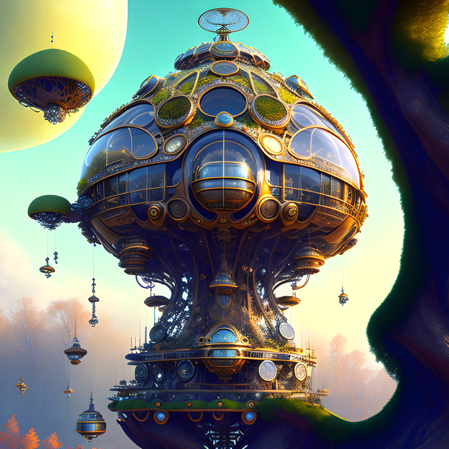 Steampunk treehouse with spherical chambers and ornate metalwork