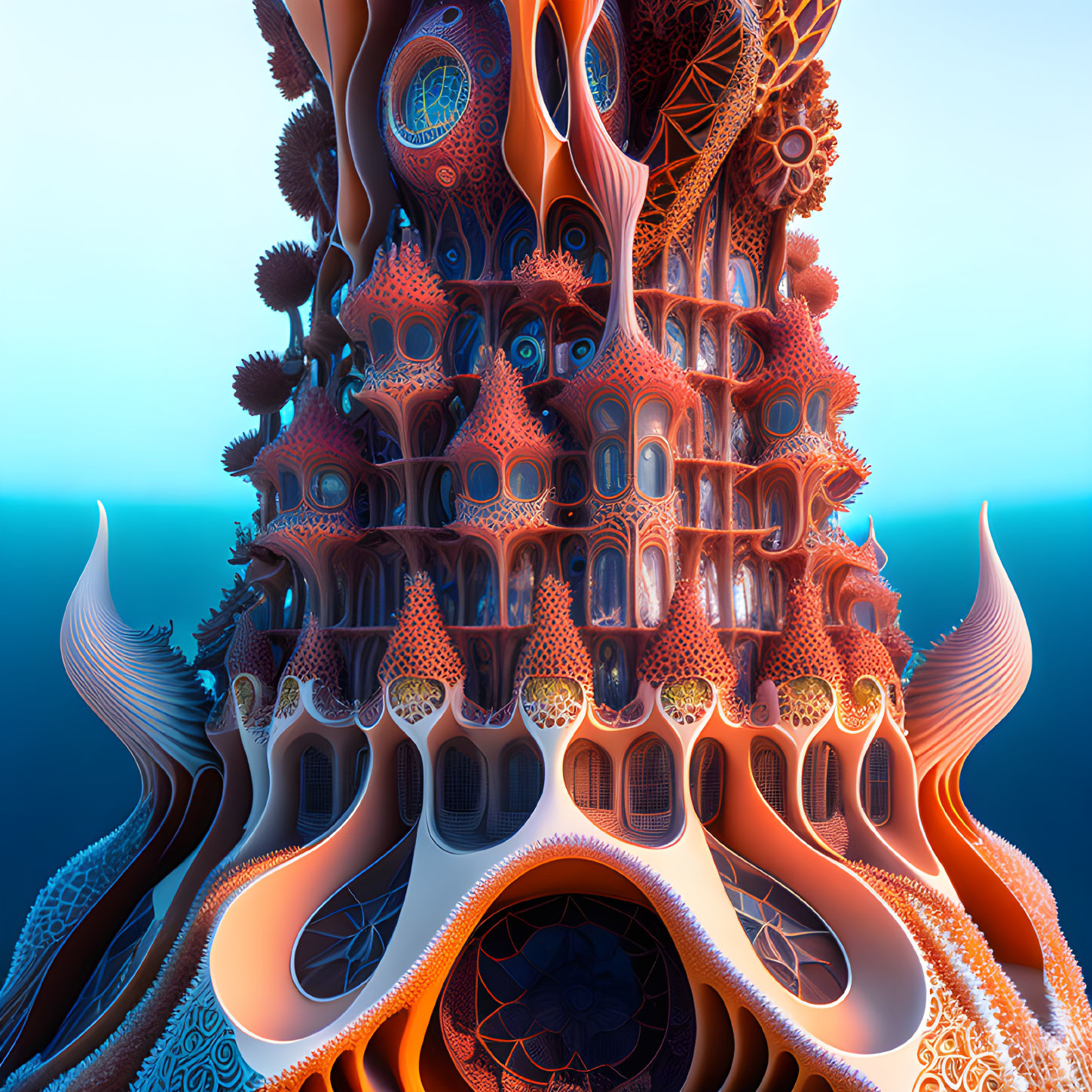 Intricate Fractal Tower with Alien Architecture in Orange, Blue, and White