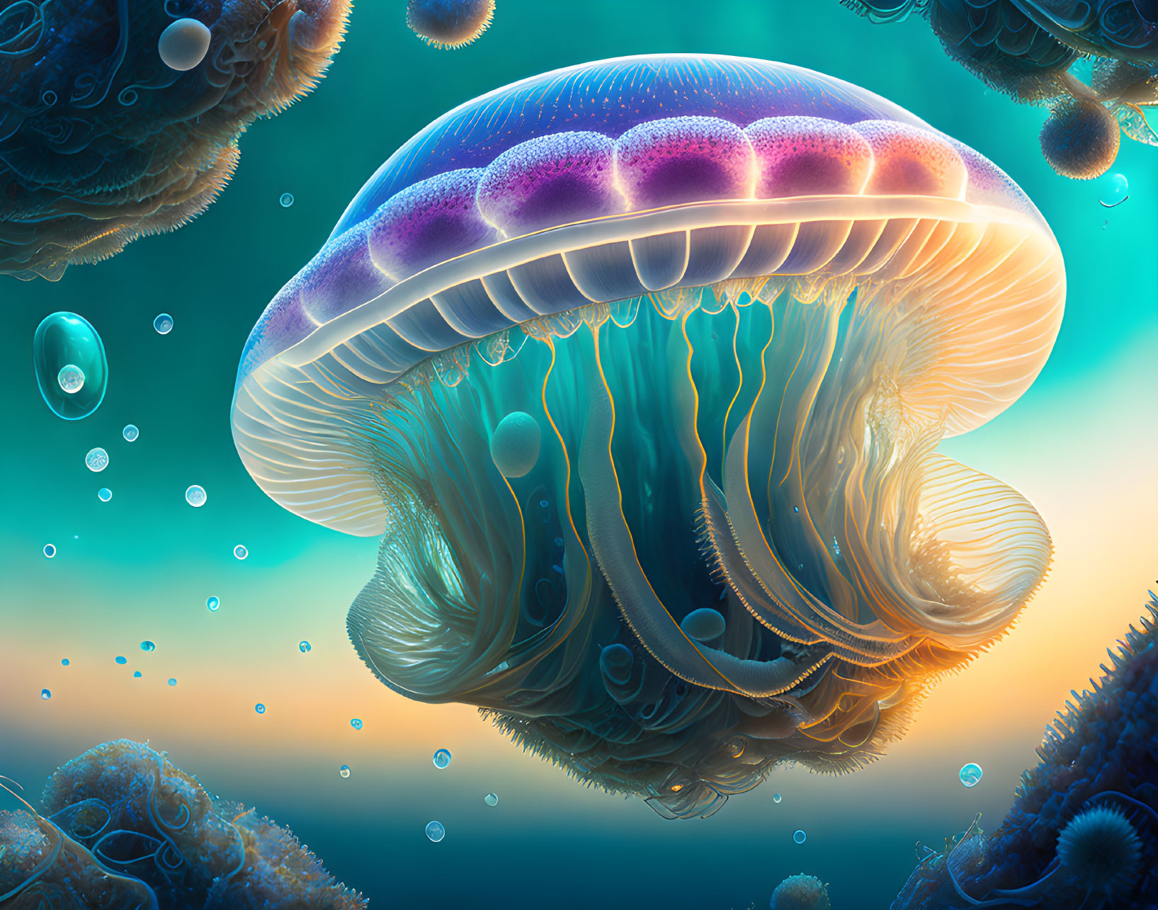 Colorful digital jellyfish artwork with intricate details and underwater backdrop