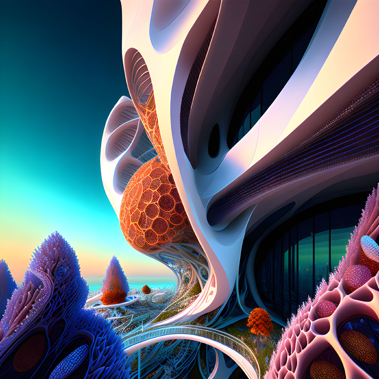 Surreal digital art landscape with fluid architecture and fractal elements