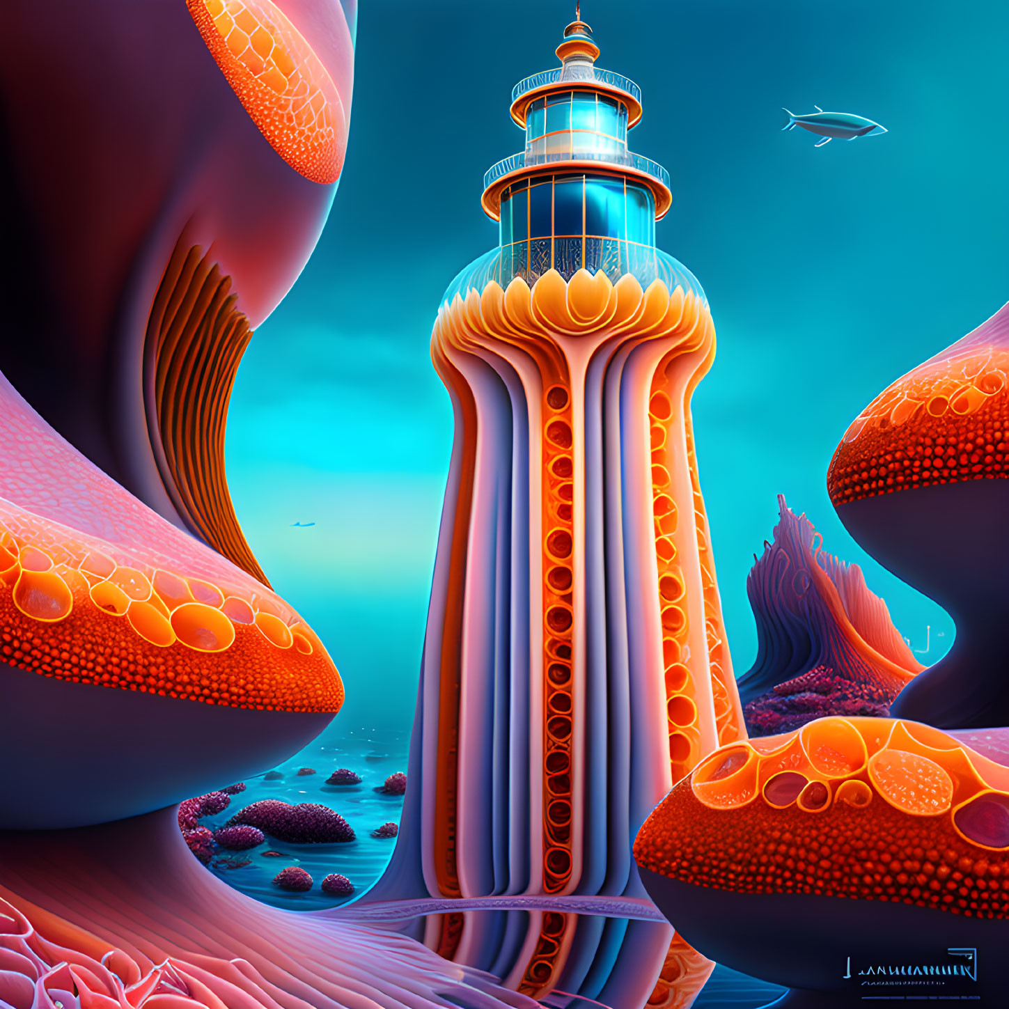 Colorful surreal artwork: lighthouse, tentacles, flying fish under blue sky