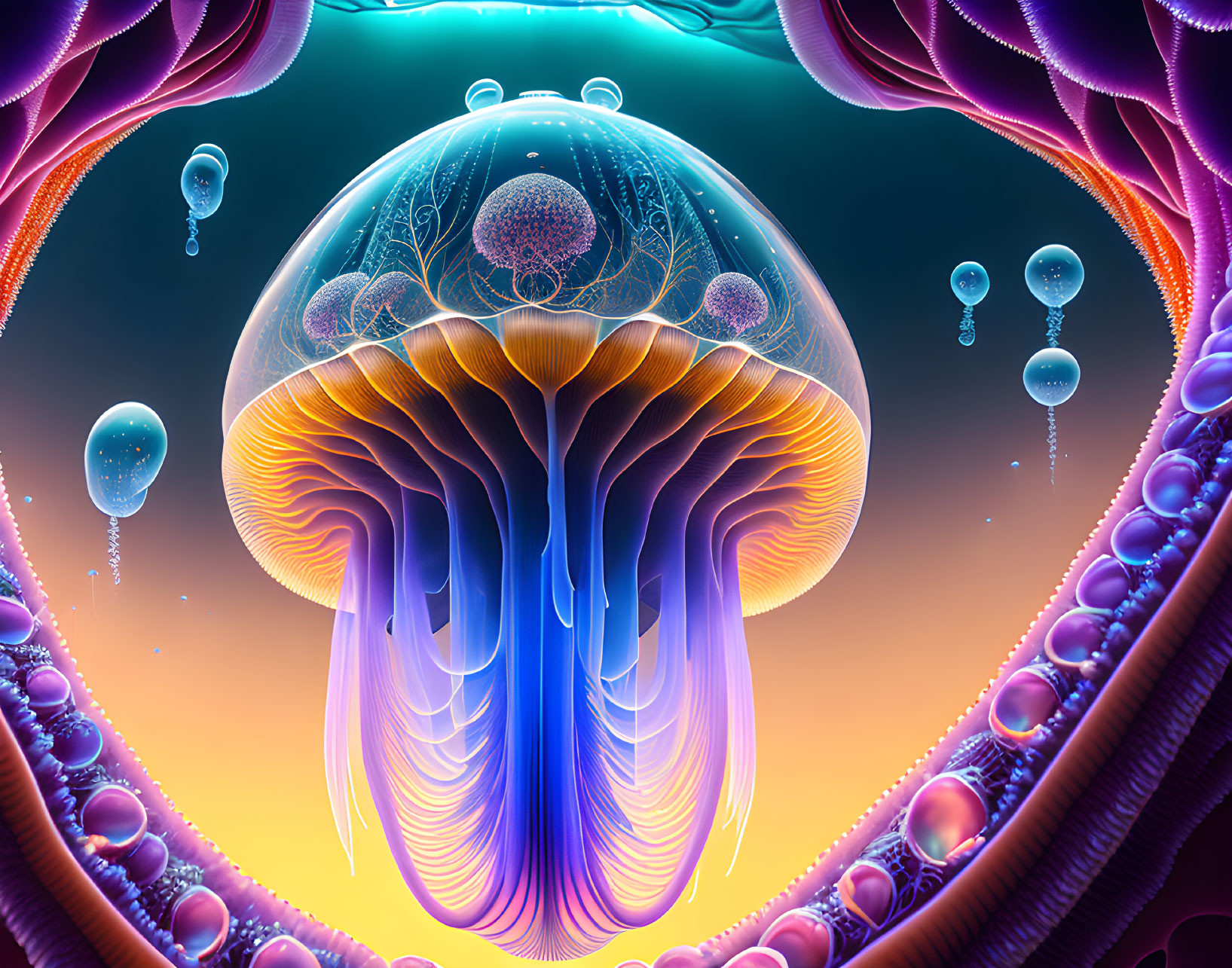 Colorful Digital Artwork: Intricate Jellyfish Patterns in Underwater Scene