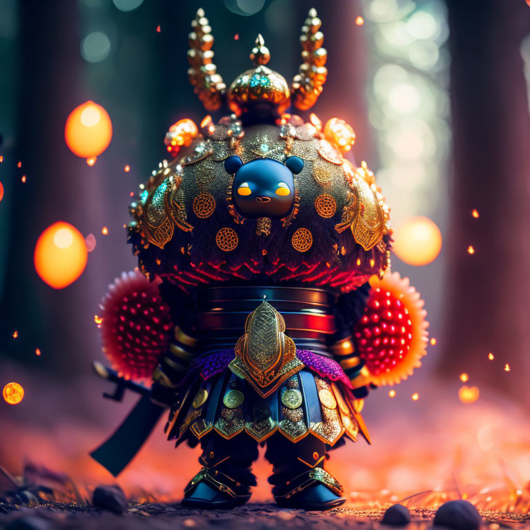 Samurai armor figure in mystical forest with glowing orbs and bokeh lights