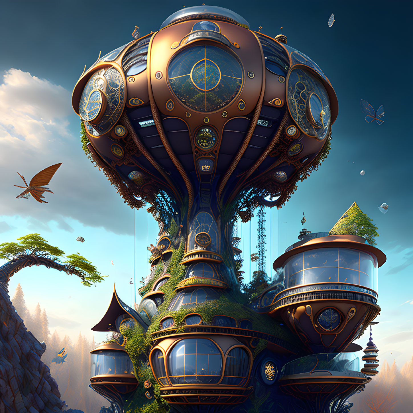 Intricate steampunk airship on tree-like structure with butterflies