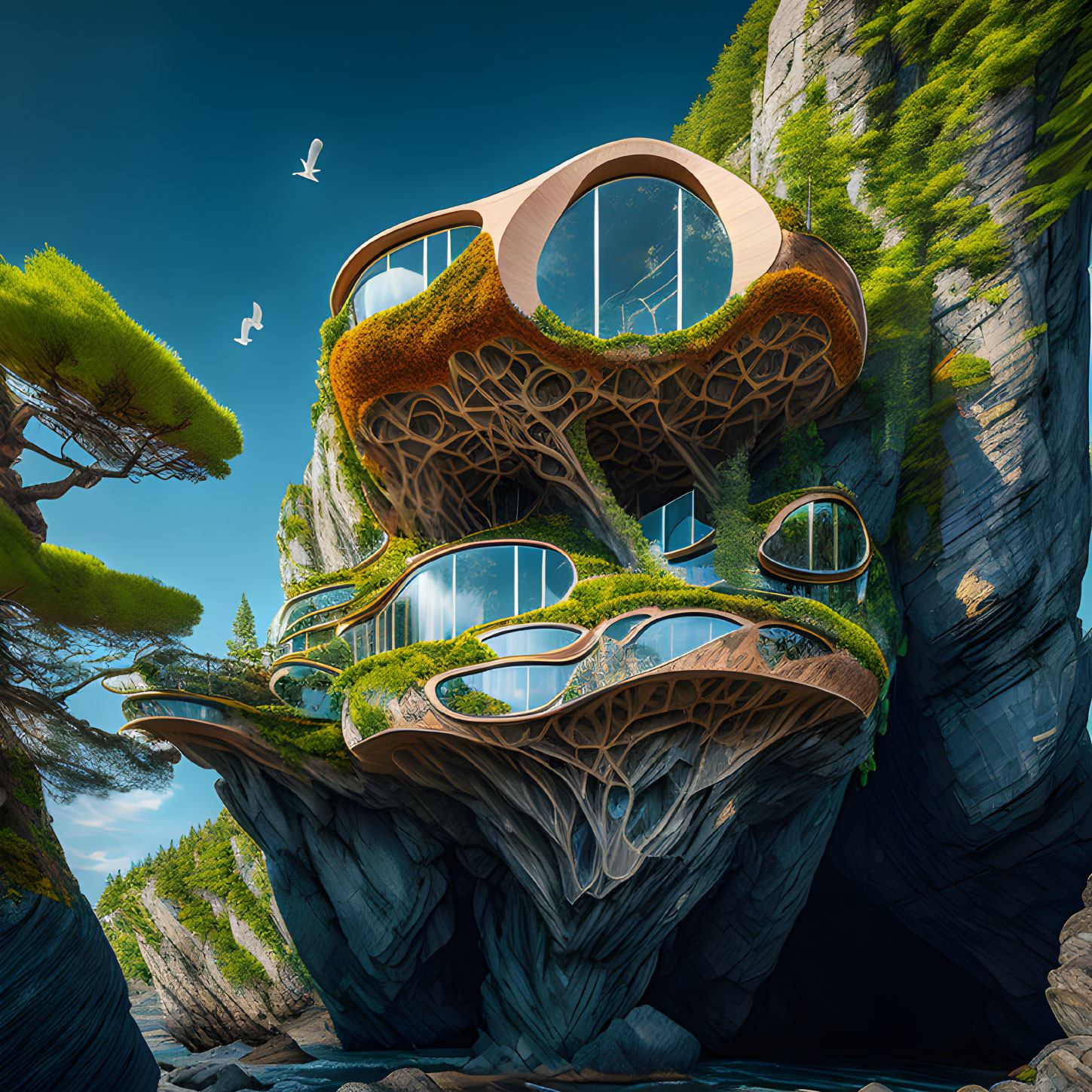 Organic architecture: futuristic treehouse on rocky cliff