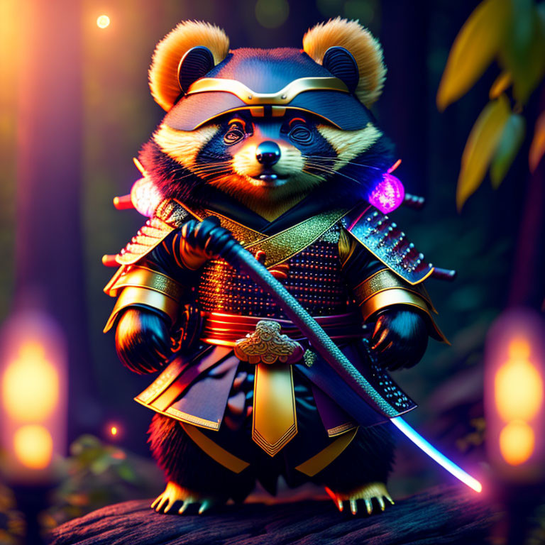 Stylized raccoon samurai with glowing sword in mystical forest