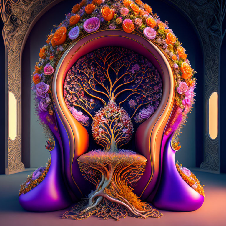 Colorful digital artwork: ornate floral-framed portal with luminous tree in mystical interior