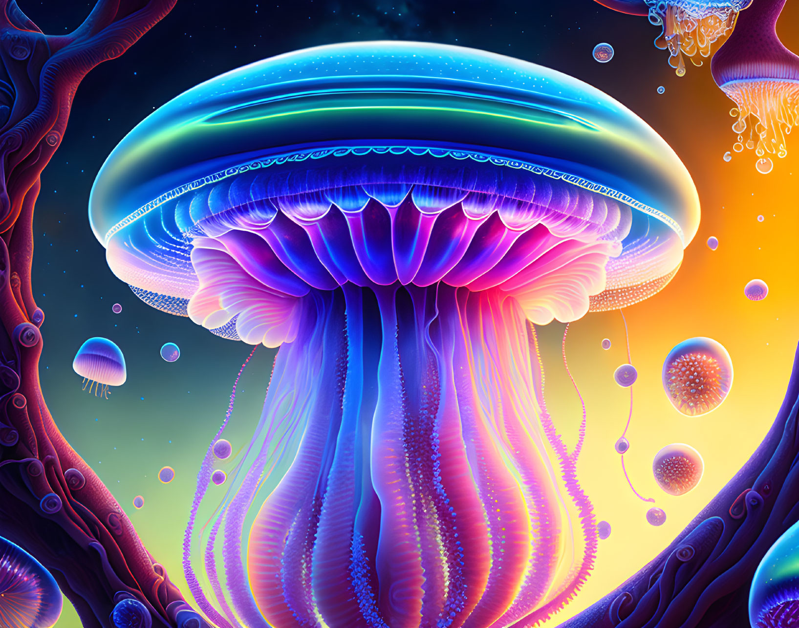 Colorful Jellyfish Illustration with Glowing Blue and Purple Hues