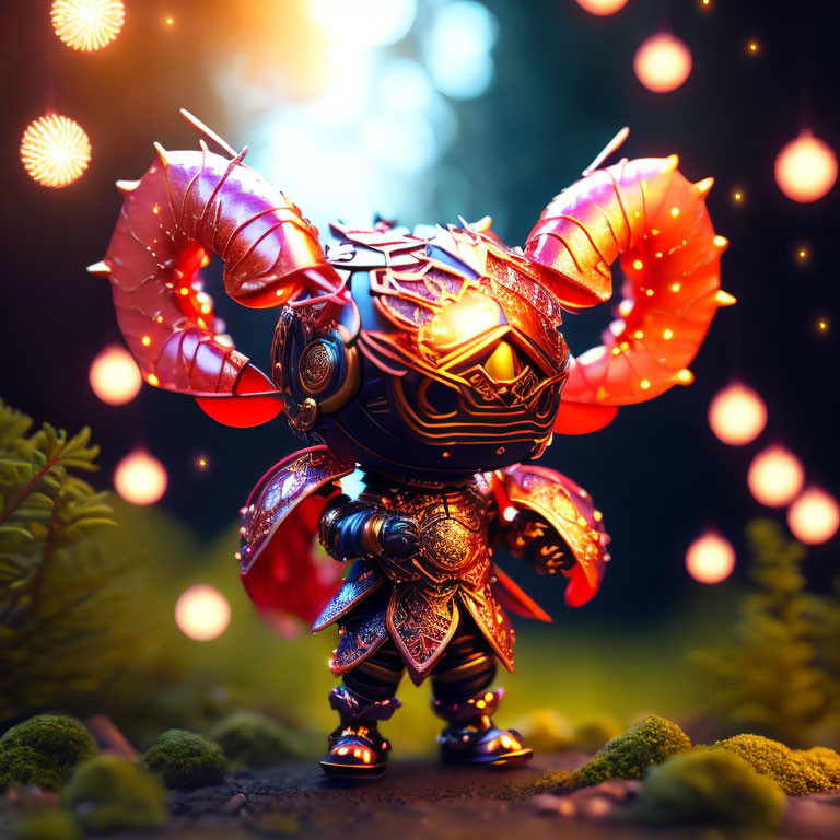 Colorful miniature warrior in ornate red armor on mystical backdrop.