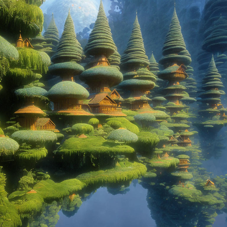 Moss-covered conical trees and thatched-roof huts in serene landscape