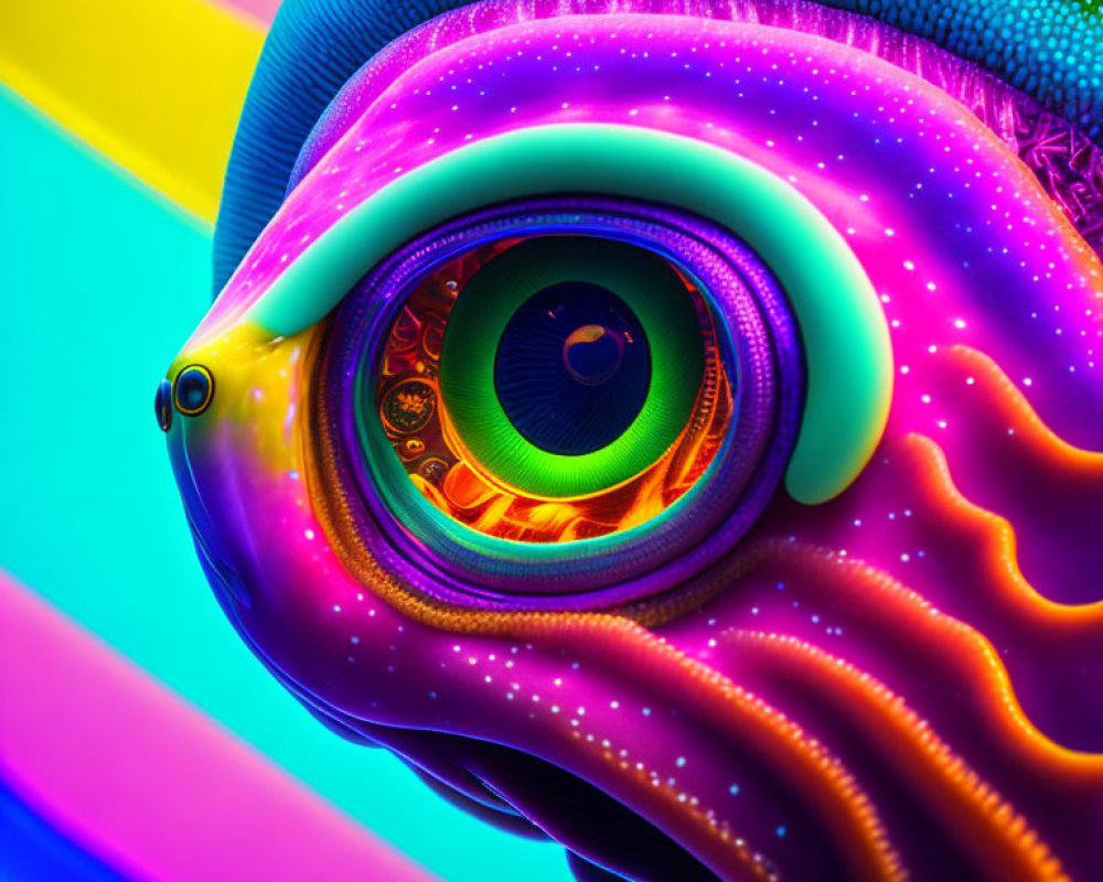 Colorful surreal creature with intricate eye on neon rainbow background