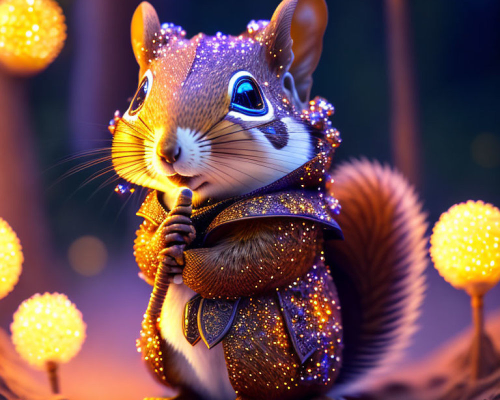 Illustration of Sparkling Squirrel with Glowing Orb in Twilight Scene