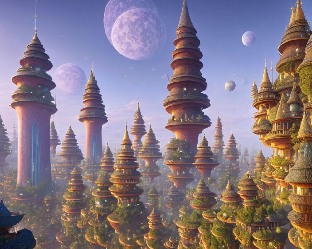 Fantasy landscape featuring spire-like buildings, trees, and multiple moons