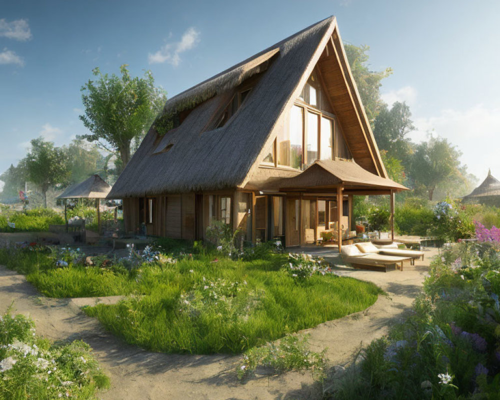 Thatched-Roof Cottage Surrounded by Gardens and Blue Sky