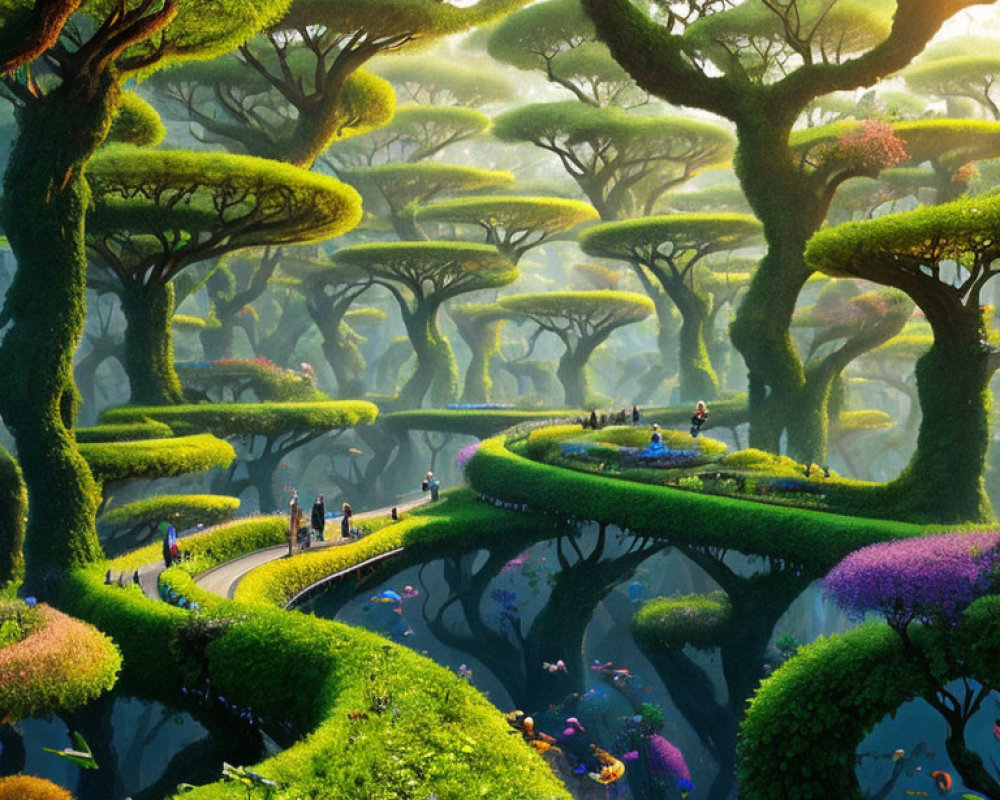 Fantastical forest with oversized mushroom-like trees and tiny human figures.