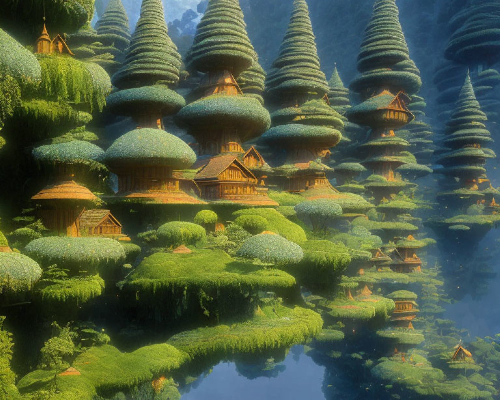 Moss-covered conical trees and thatched-roof huts in serene landscape