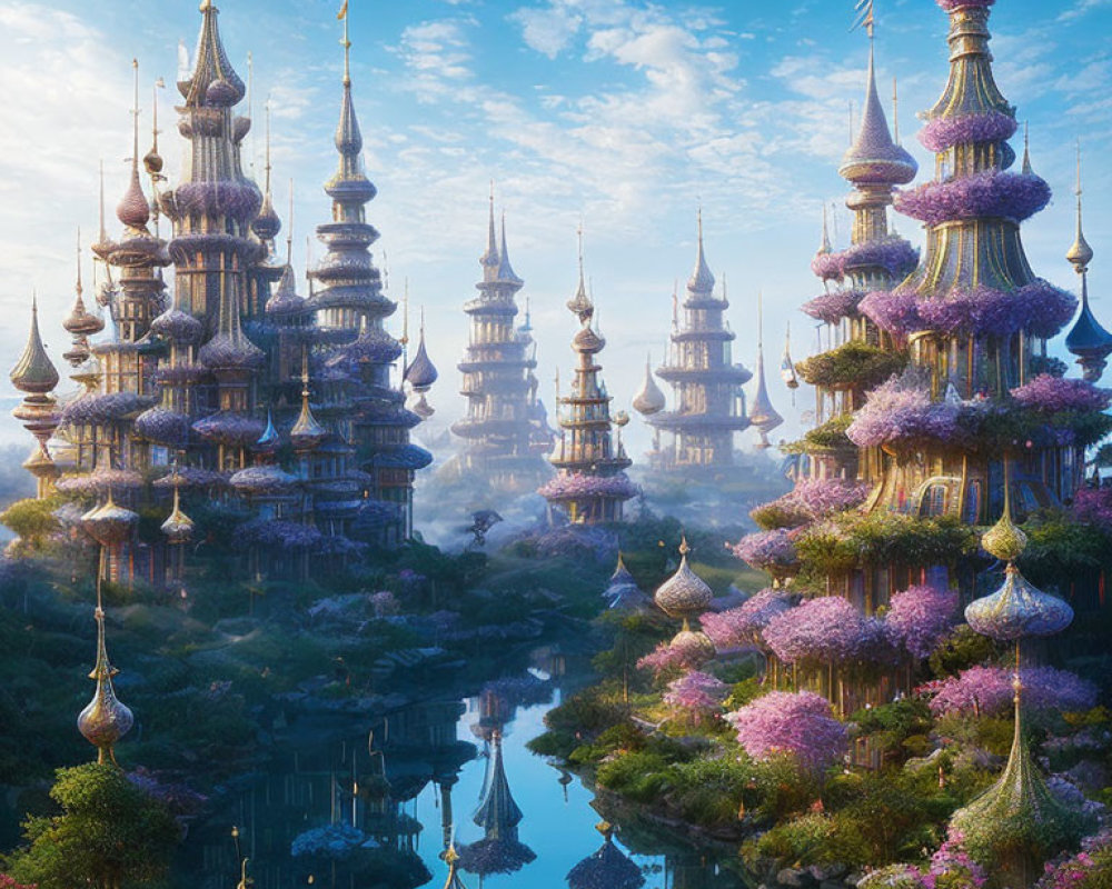 Fantastical landscape with ornate spires and serene water body