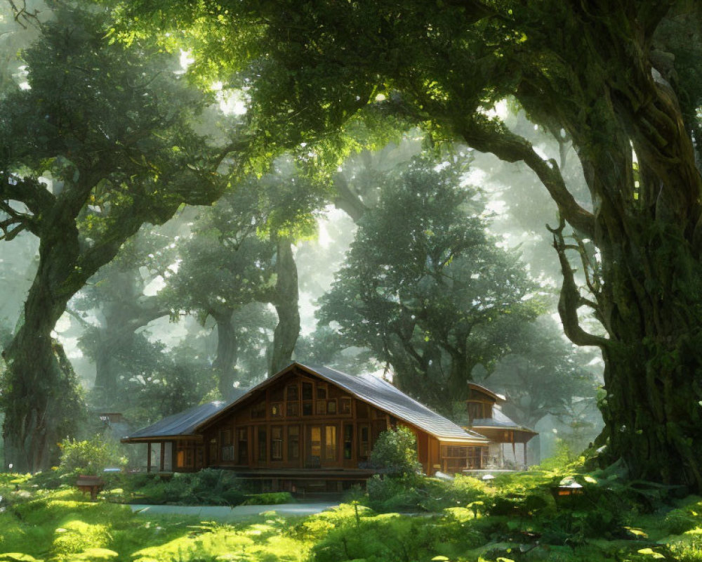 Tranquil Forest Glade with Wooden Cabin and Sunlight