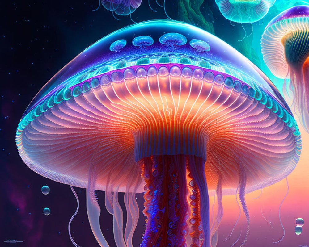 Colorful digital art: luminescent jellyfish in deep-sea setting