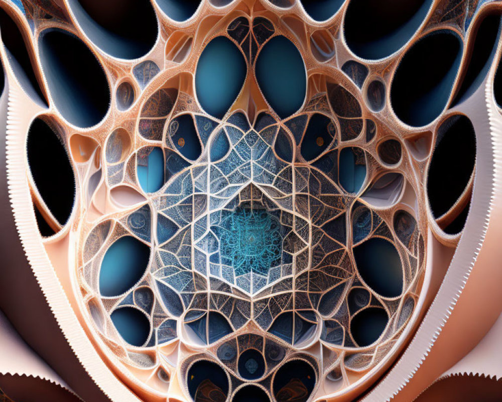 Symmetrical blue and brown fractal pattern with intricate network.