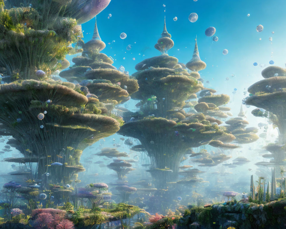 Fantastical landscape: Floating islands, lush trees, water droplets, serene blue sky