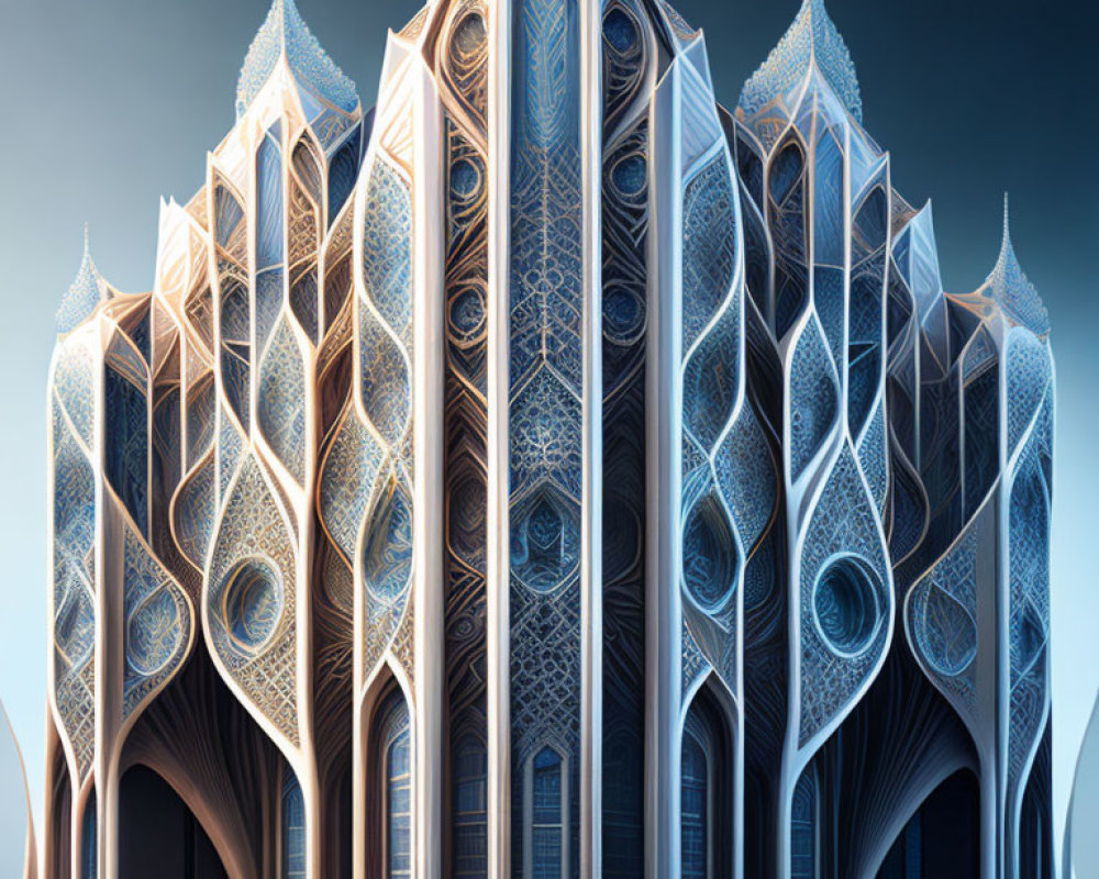 Futuristic cathedral with intricate Gothic and modern design on blue sky