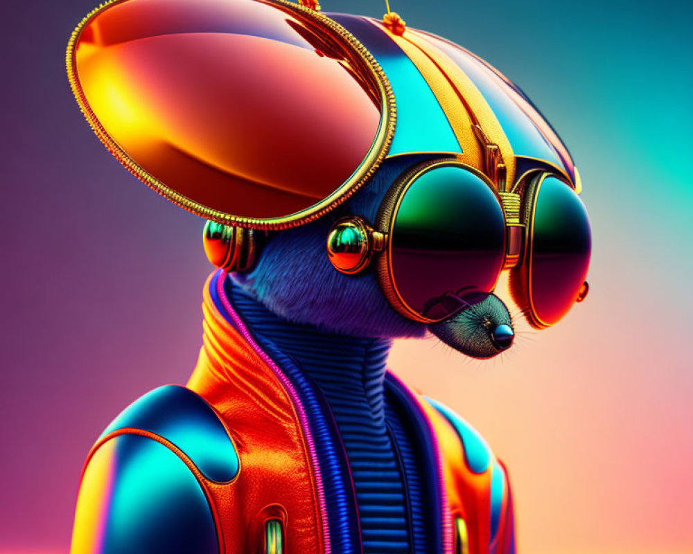 Colorful 3D illustration of anthropomorphic insect in futuristic suit