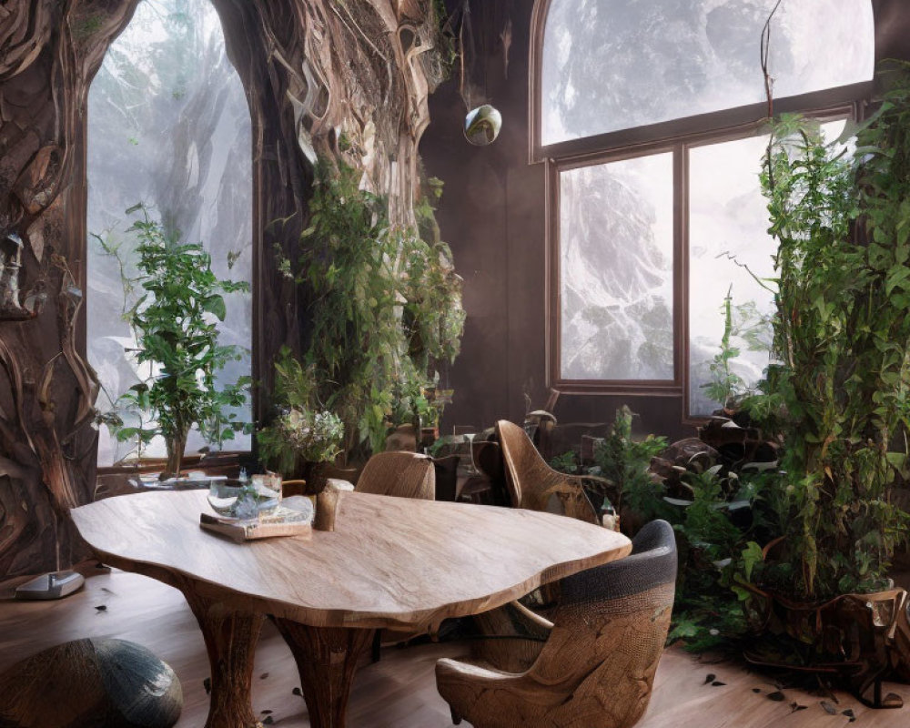 Cozy indoor space with wooden table, plush chairs, greenery, mountain view at night