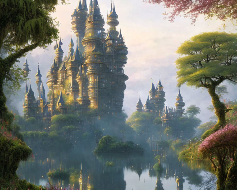 Majestic castle with spires in lush forest by serene lake