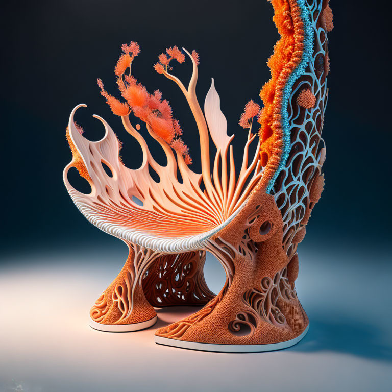 Vibrant Coral-Themed Chair with Intricate Designs on Blue Background