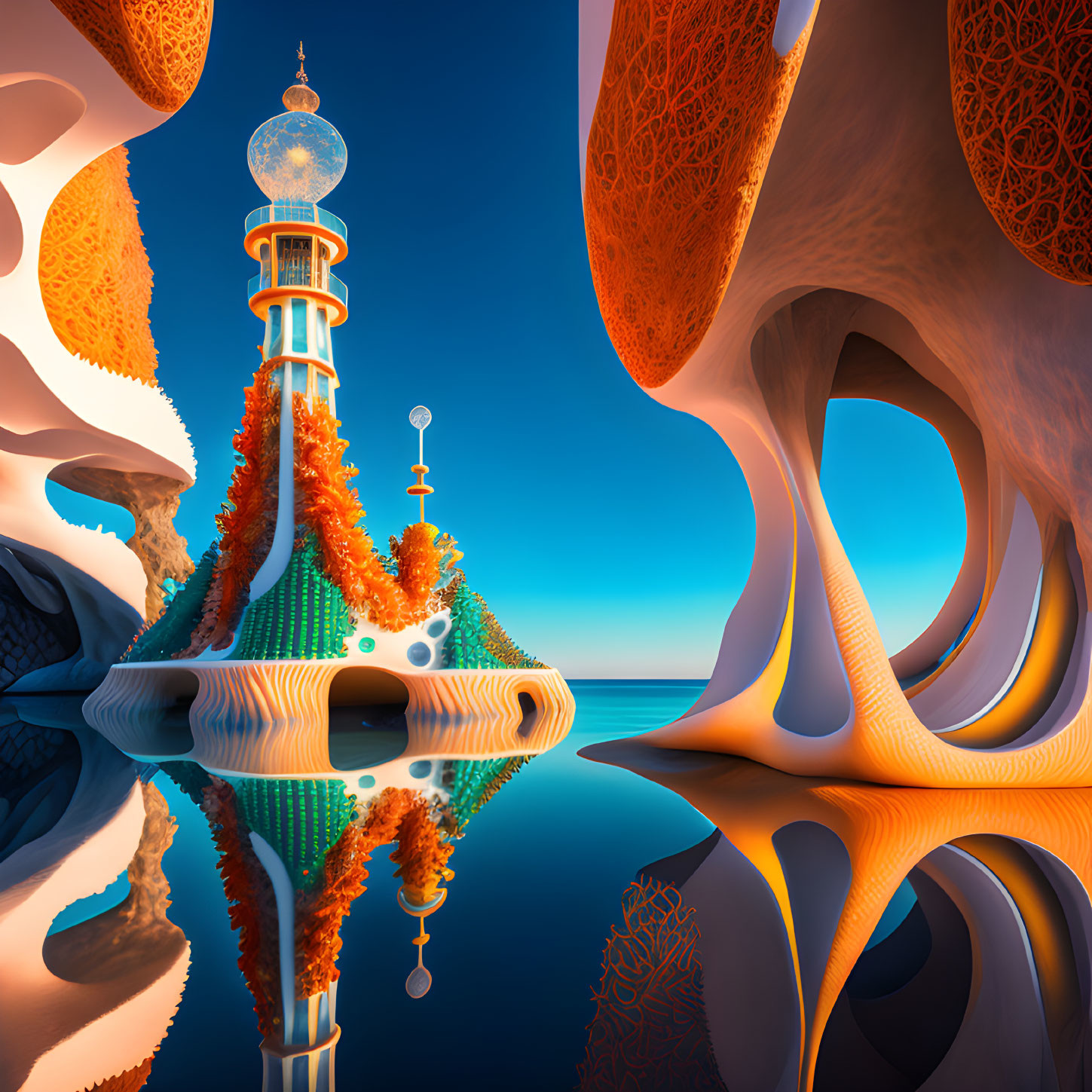 Surreal landscape with reflective water, futuristic tower, orbs, spires, orange tree-like structures