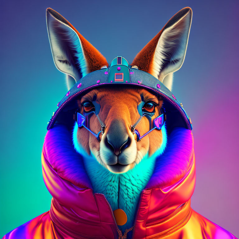 Colorful llama in futuristic attire against gradient backdrop