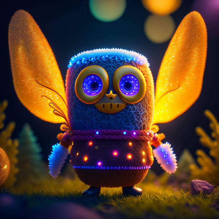 Glowing creature with fairy wings in nighttime setting