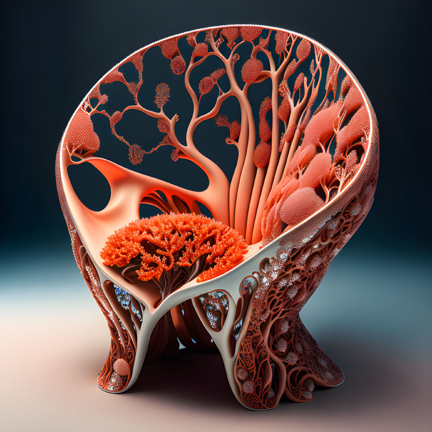 Organic patterned chair art in warm red and orange hues on blue background