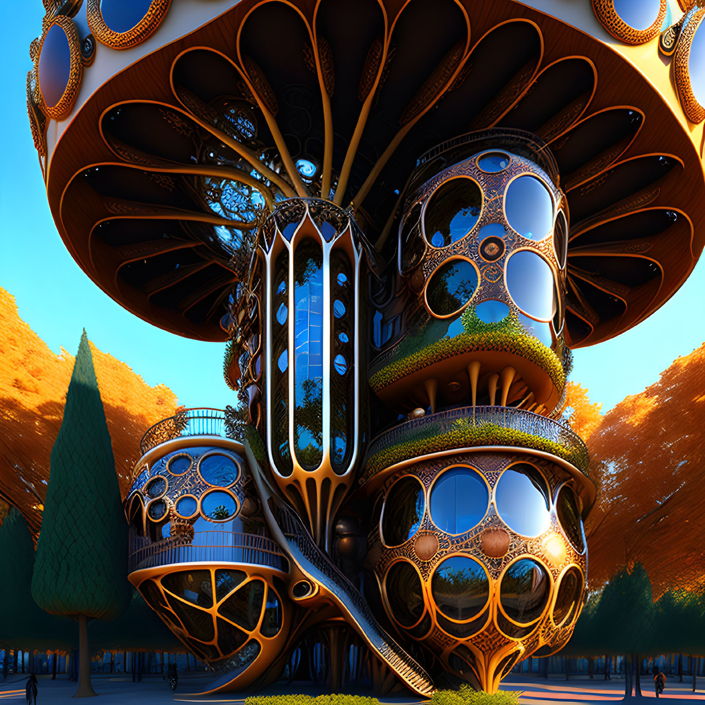 Futuristic tree-like structure with organic pods in autumn forest