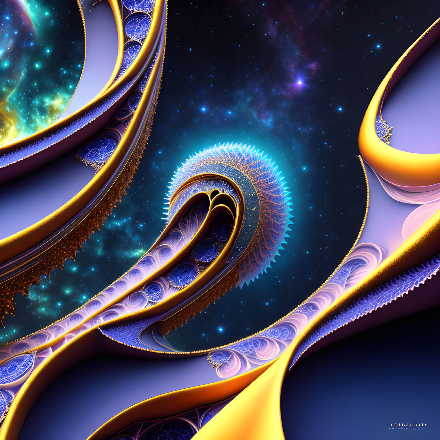 Golden swirls and fractal patterns on cosmic background.