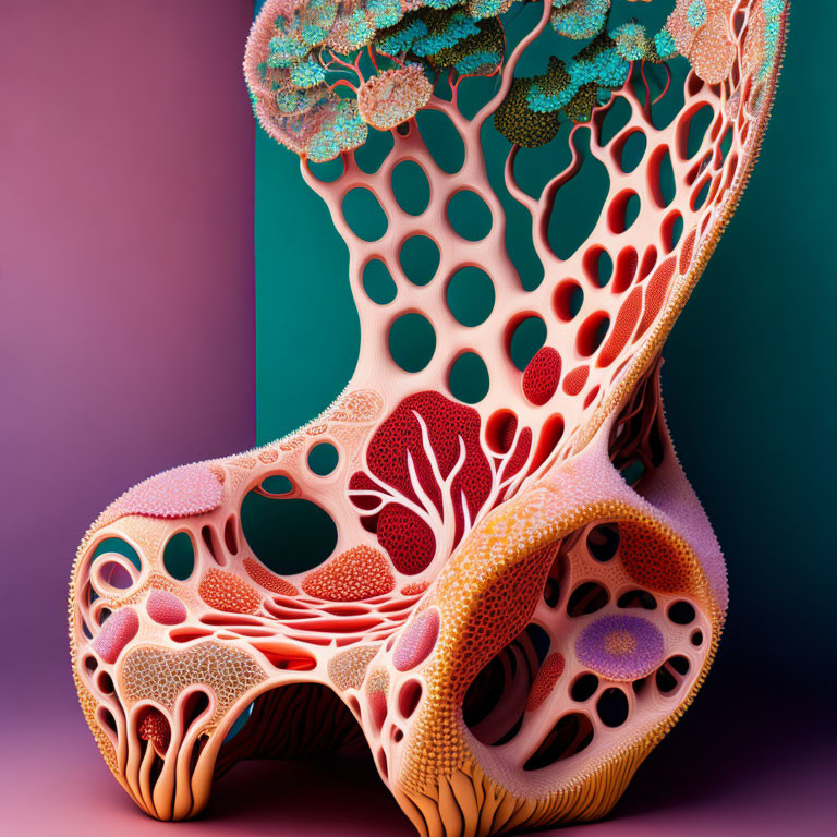 Colorful digital artwork of intricate organic structure on gradient background