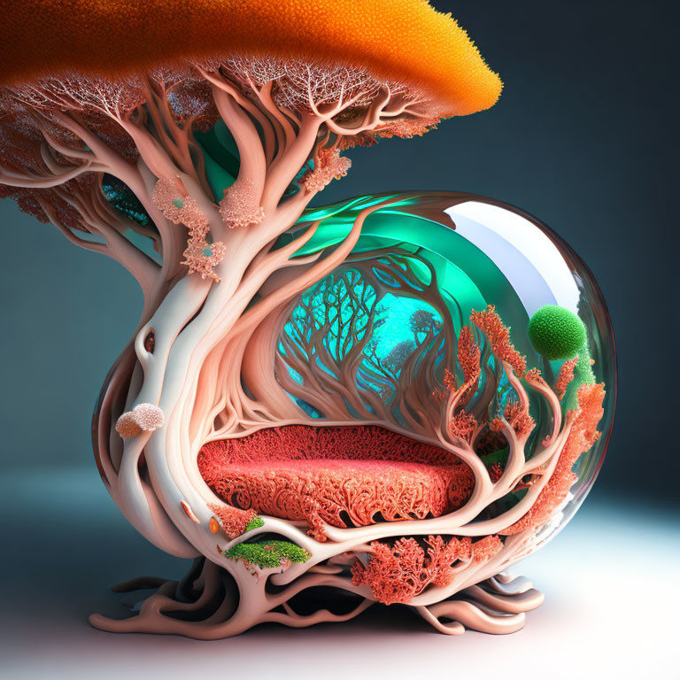 Vibrant 3D surrealist artwork: Tree with coral textures and transparent sphere.