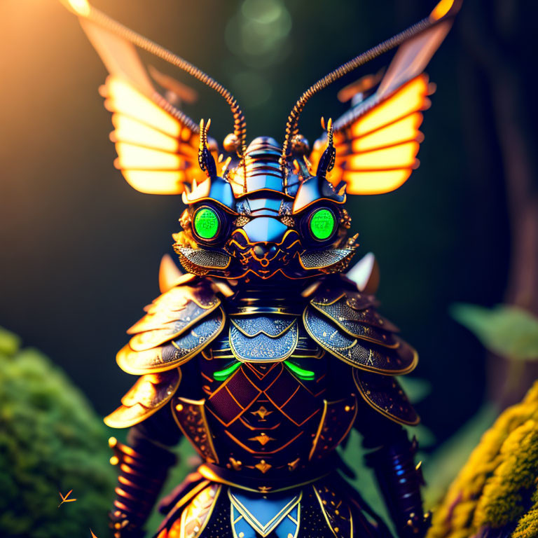 Intricate digitally created mechanical insect with glowing green eyes