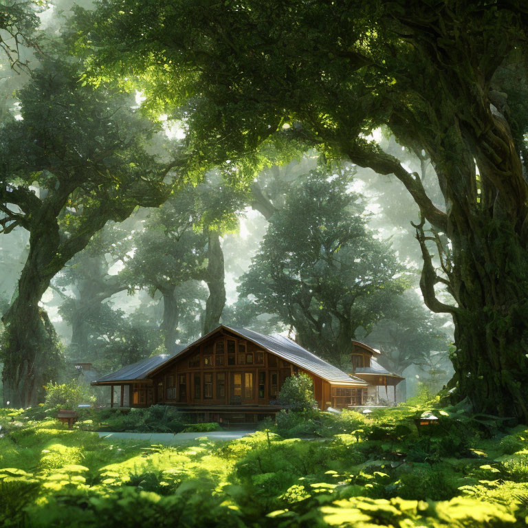 Tranquil Forest Glade with Wooden Cabin and Sunlight