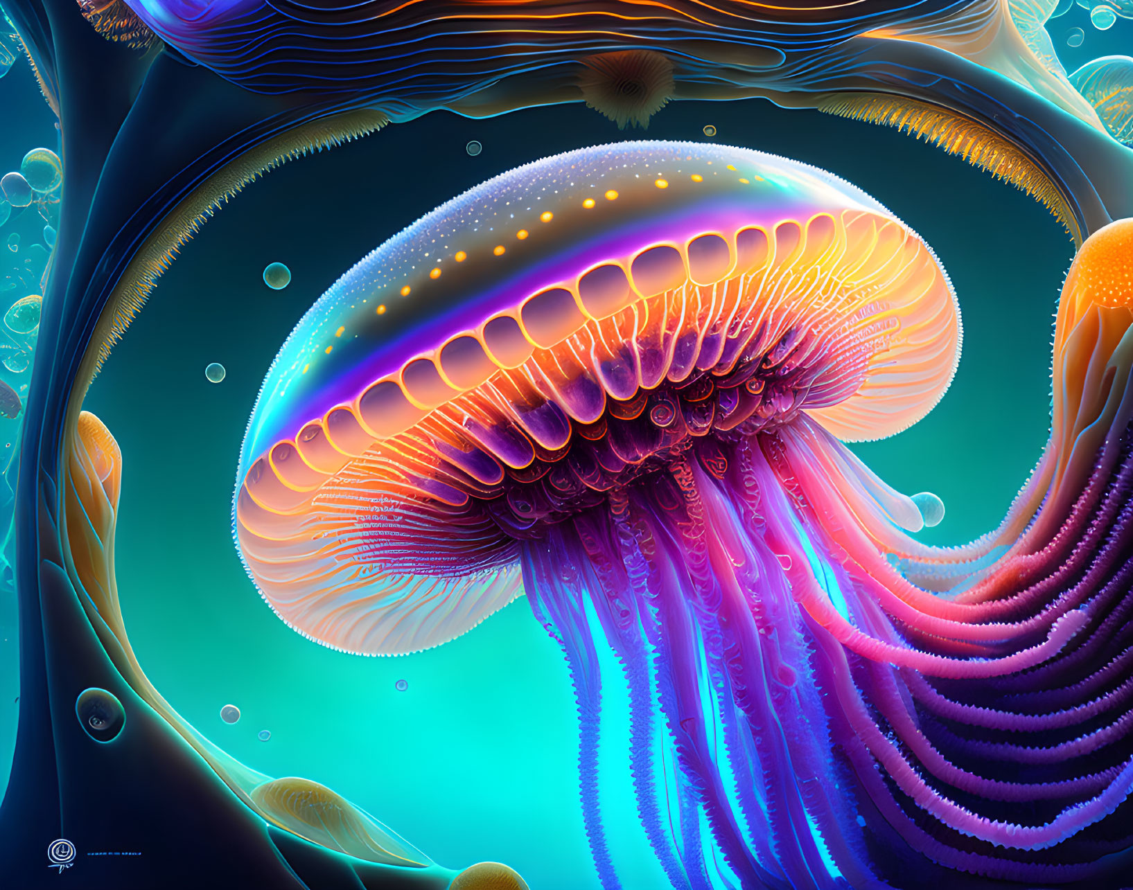 Colorful Digital Artwork: Glowing Jellyfish Against Blue Marine Background