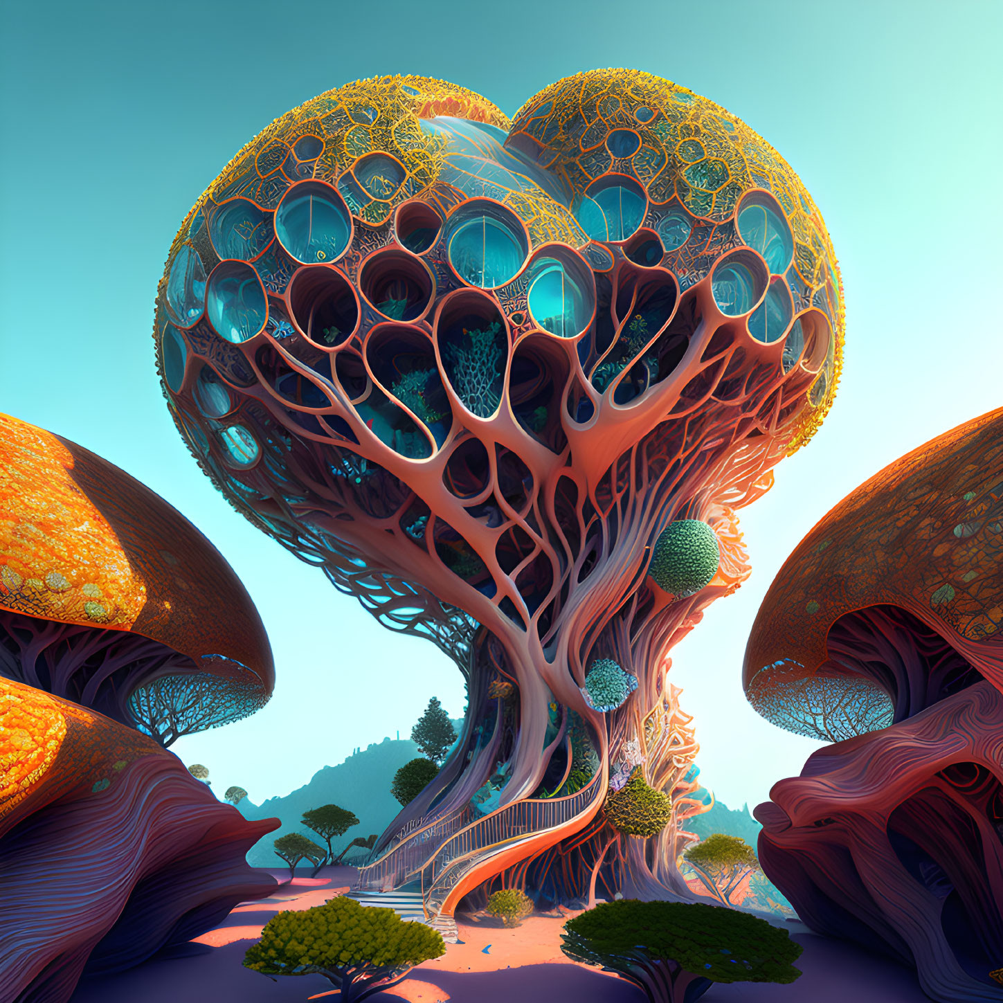 Fantastical tree with heart-shaped canopy in vibrant digital artwork