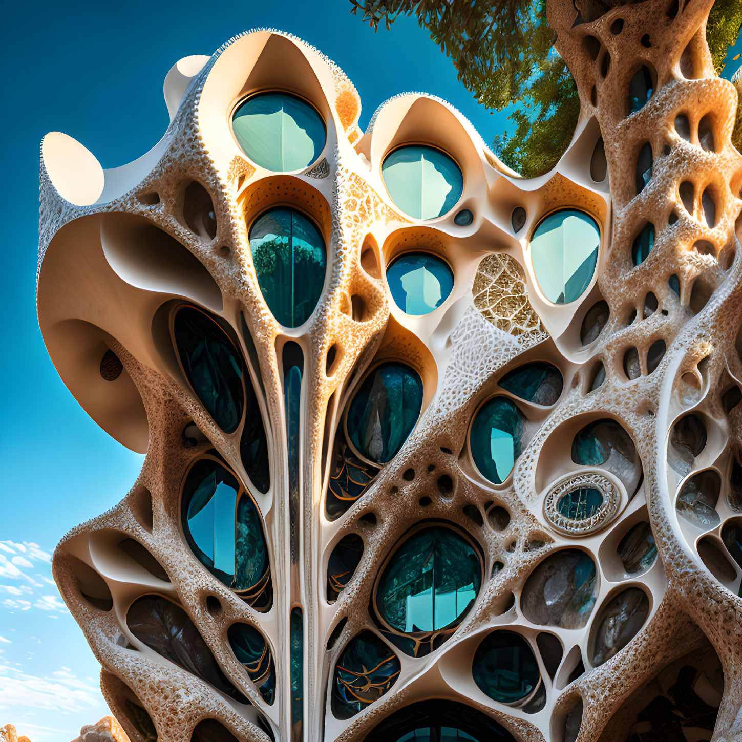 Organic futuristic building with bone-like structures and round windows against blue sky