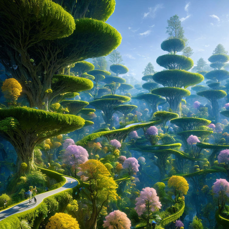 Fantastical landscape with oversized mushroom trees and winding path.